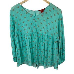 Sundance Catalogue Bohemian Peasant‎ Blouse Size XS Rayon Hippie Blue Green Gold